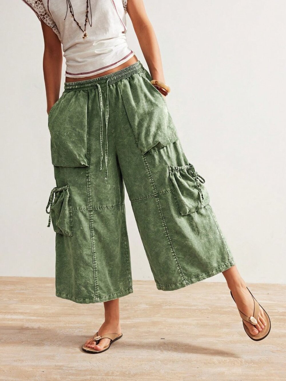 Green Boho Casual Women's Capri Cargo Pants - Picture 3 of 7